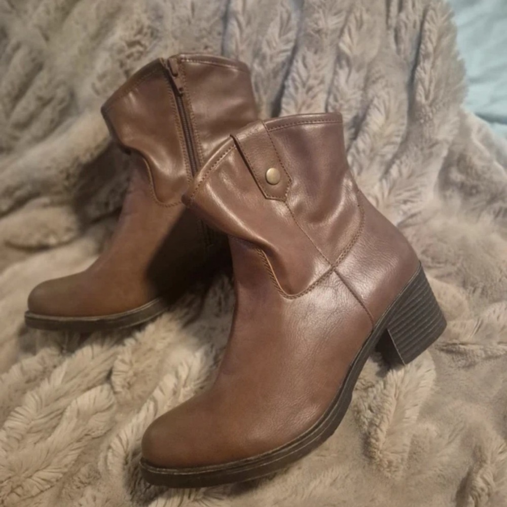 Rampage Brown Fold-Over Ankle Booties with Block Heel